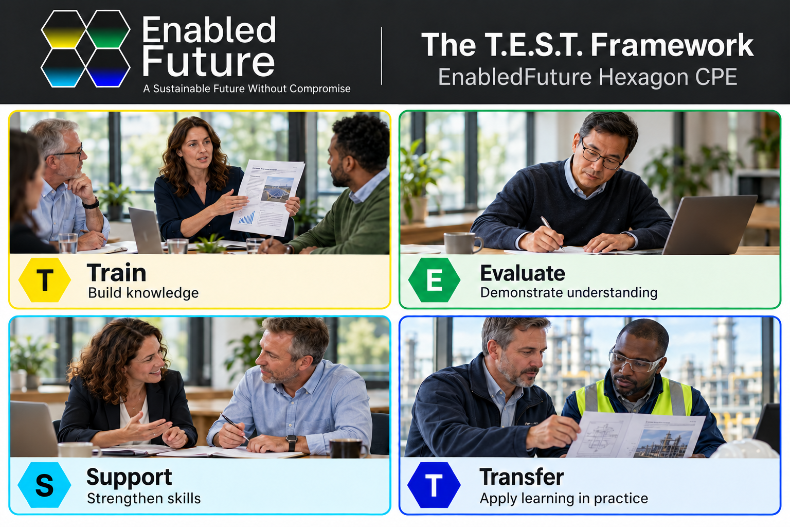 EnabledFuture Hexagon CPE T.E.S.T. Framework: Train — build knowledge; Evaluate — demonstrate understanding; Support — strengthen skills; Transfer — apply learning in practice.