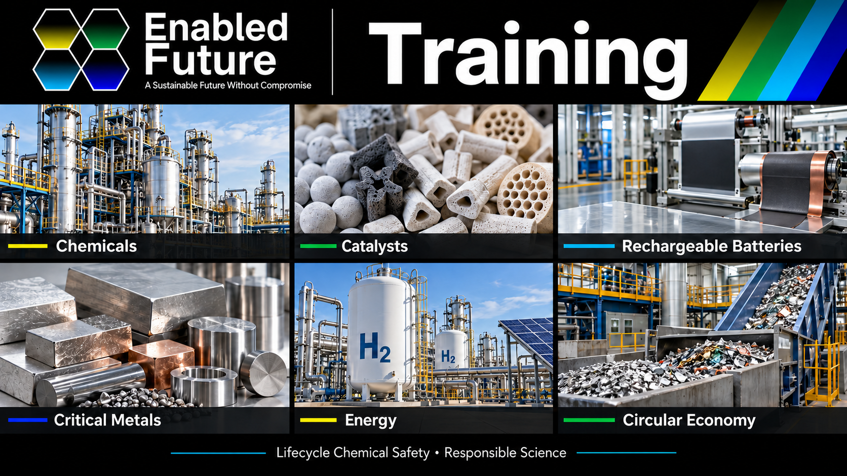 EnabledFuture training across chemicals, catalysts, rechargeable batteries, critical metals, energy and circular economy, supported by lifecycle chemical safety and responsible science.